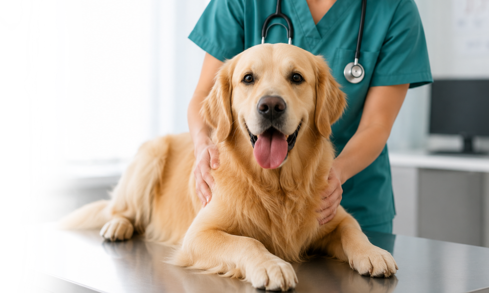 Veterinář vyšetřuje zlatého retrívra – řešení pro zdraví a hygienu zvířat